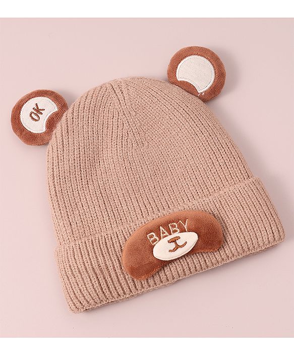 Babyhug Woollen Cap with Knot & Applique - Beige