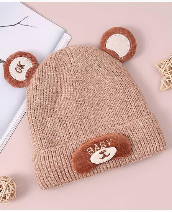 Babyhug Woollen Cap with Knot & Applique - Beige