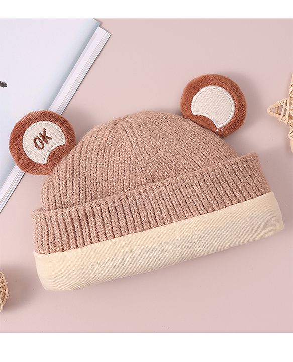 Babyhug Woollen Cap with Knot & Applique - Beige
