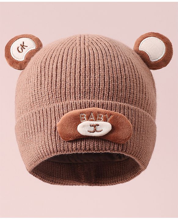 Babyhug Woollen Cap with Knot & Applique - Brown