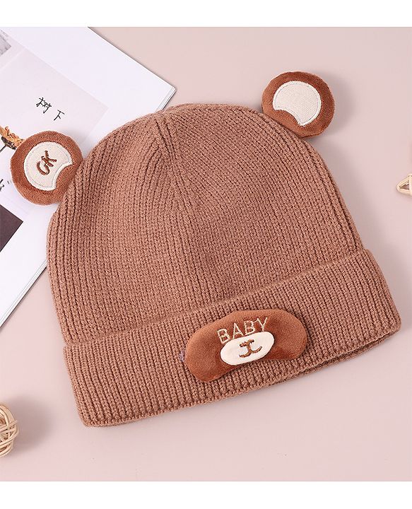 Babyhug Woollen Cap with Knot & Applique - Brown