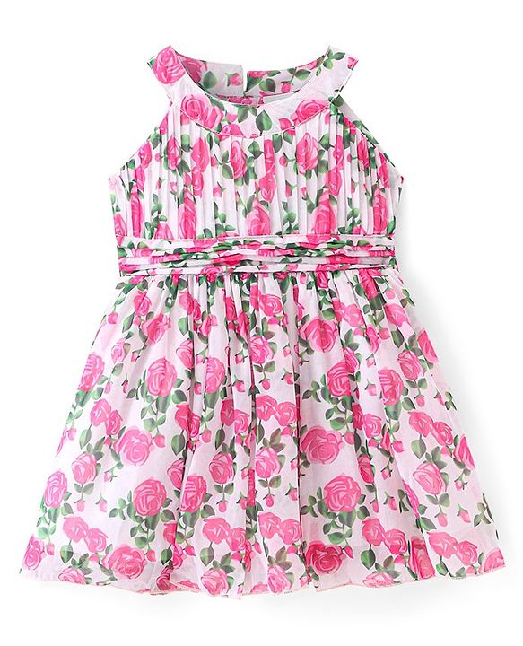 Babyhug Woven Sleeveless Pleated Frock Floral Print - White