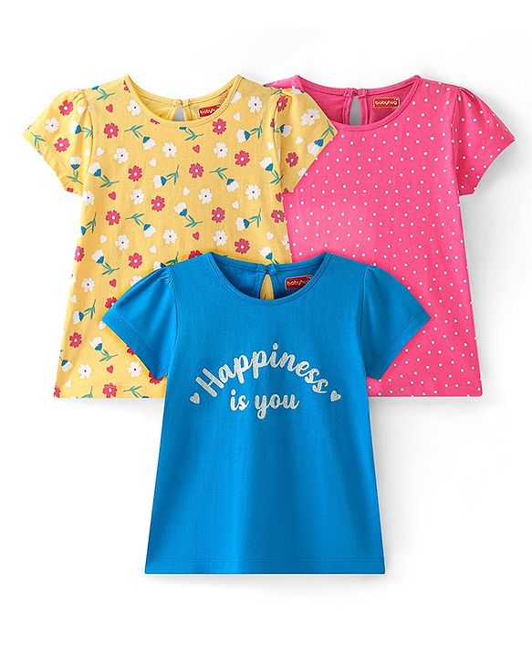 Babyhug Cotton Knit Half Sleeves Tops with Polka Dots & Floral Print Pack of 3 - Pink Blue & Yellow