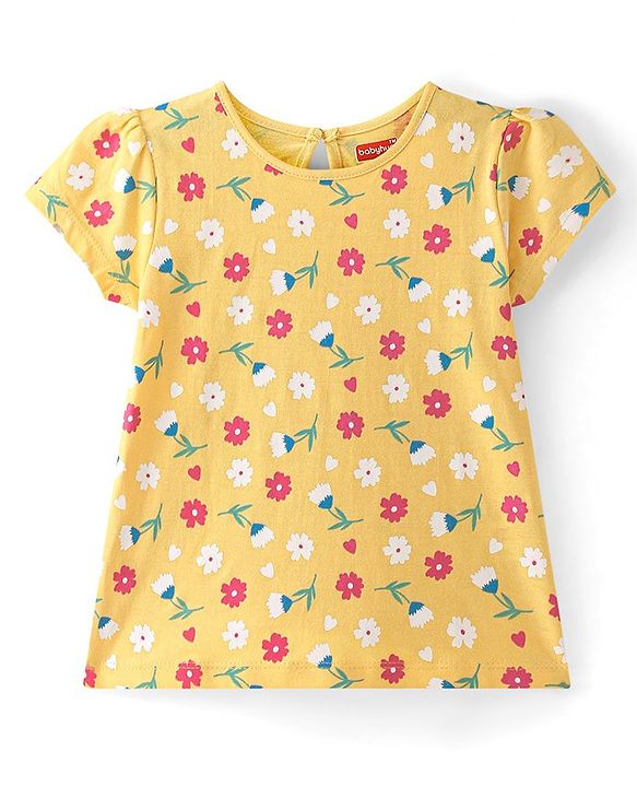 Babyhug Cotton Knit Half Sleeves Tops with Polka Dots & Floral Print Pack of 3 - Pink Blue & Yellow
