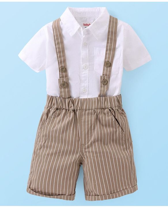 Babyhug Cotton Woven Half Sleeves Solid Color Shirt & Striped Shorts With Suspender - White & Beige