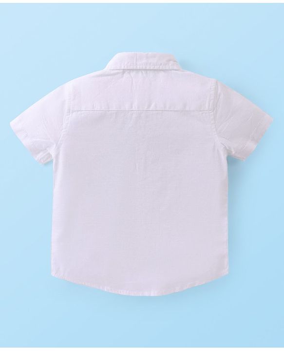Babyhug Cotton Woven Half Sleeves Solid Color Shirt & Striped Shorts With Suspender - White & Beige