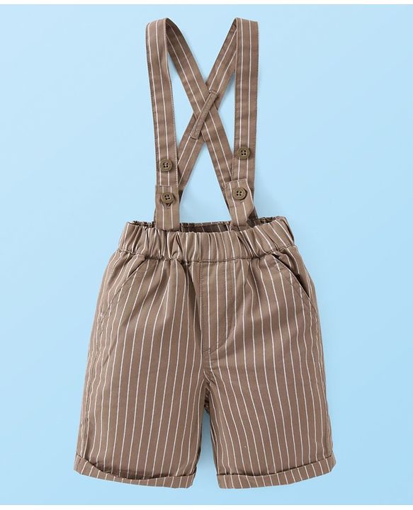 Babyhug Cotton Woven Half Sleeves Solid Color Shirt & Striped Shorts With Suspender - White & Beige