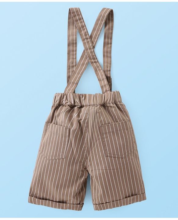 Babyhug Cotton Woven Half Sleeves Solid Color Shirt & Striped Shorts With Suspender - White & Beige