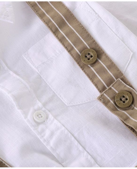 Babyhug Cotton Woven Half Sleeves Solid Color Shirt & Striped Shorts With Suspender - White & Beige