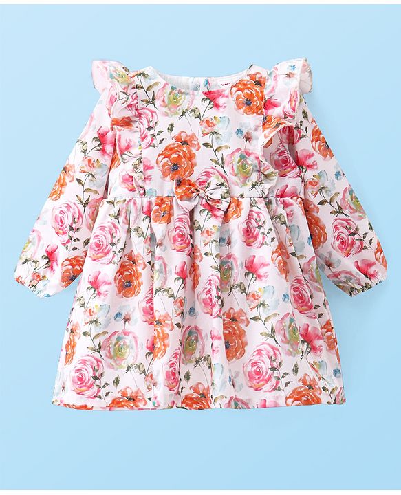 Babyhug Woven Full Sleeves Floral Printed Frock With Bow & Frill Detail - White