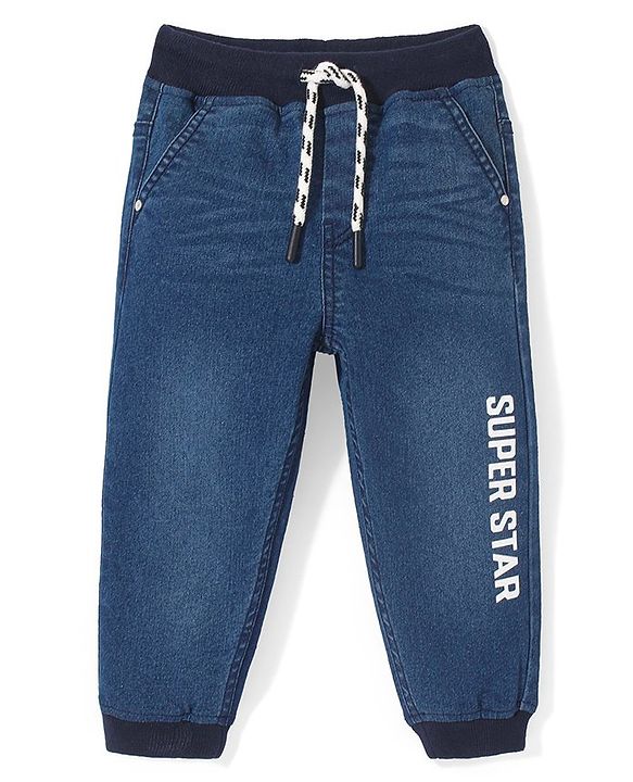 Babyhug Full Length Denim Washed Jogger with Stretch Text Print with Pocket Detailing - Blue