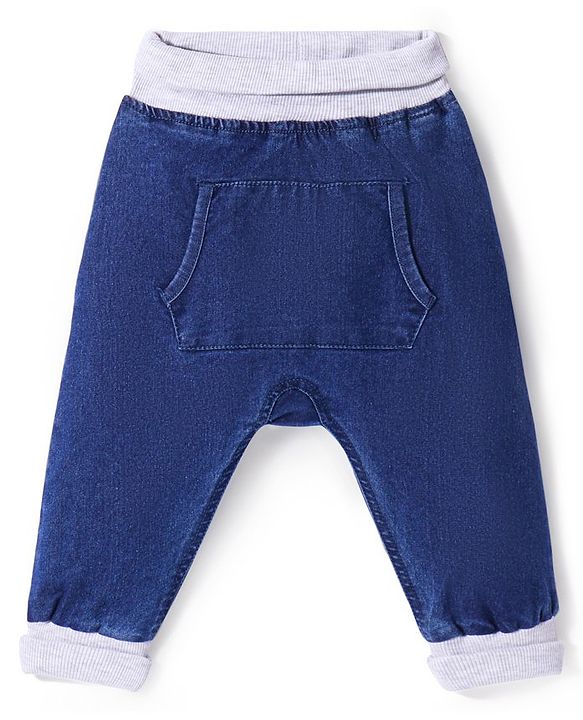 Babyhug Denim Full Length  Stretchable Joggers With Fox Print - Blue