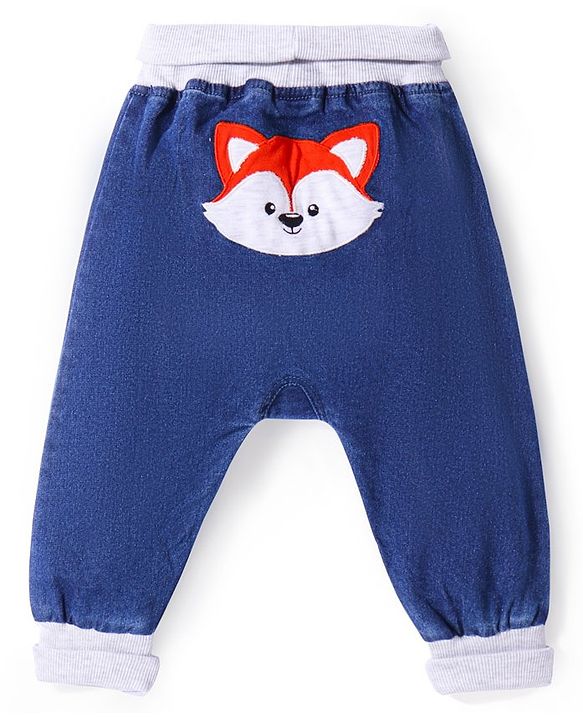 Babyhug Denim Full Length  Stretchable Joggers With Fox Print - Blue