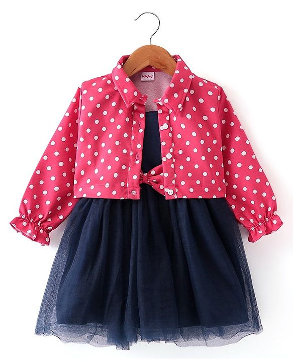 Babyhug Woven Sleeveless Frock Bow Applique with Polka Dot Shrug - Navy Blue & Pink