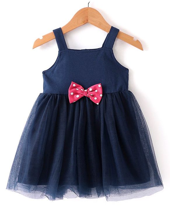 Babyhug Woven Sleeveless Frock Bow Applique with Polka Dot Shrug - Navy Blue & Pink