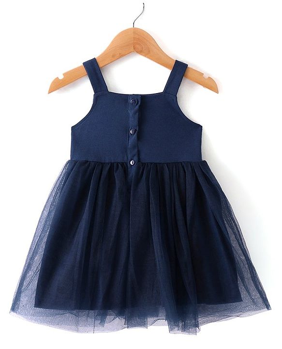 Babyhug Woven Sleeveless Frock Bow Applique with Polka Dot Shrug - Navy Blue & Pink