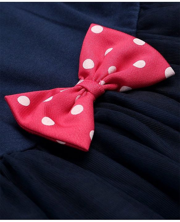 Babyhug Woven Sleeveless Frock Bow Applique with Polka Dot Shrug - Navy Blue & Pink