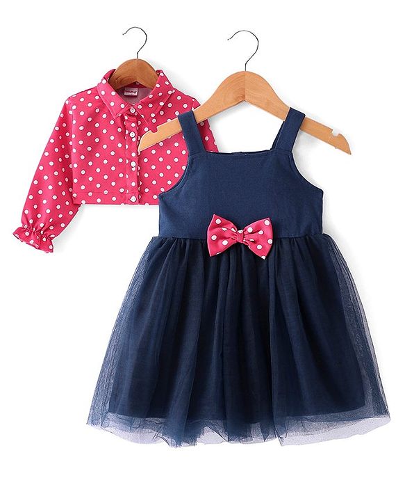Babyhug Woven Sleeveless Frock Bow Applique with Polka Dot Shrug - Navy Blue & Pink