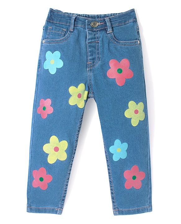 Babyhug Full Length Denim Washed Jeans with Stretch Floral Print - Blue