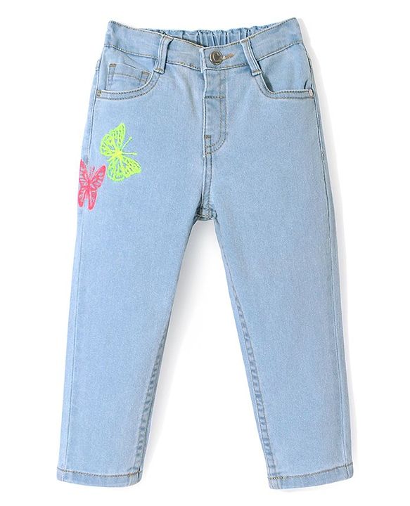 Babyhug Full Length  Denim Washed Jeans with Stretch Butterfly Embroidery - Light Blue