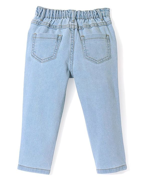Babyhug Full Length  Denim Washed Jeans with Stretch Butterfly Embroidery - Light Blue