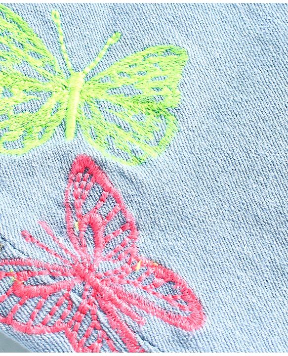 Babyhug Full Length  Denim Washed Jeans with Stretch Butterfly Embroidery - Light Blue