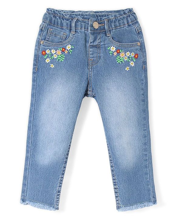 Babyhug  Full Length Denim Jeans with Floral Print - Blue