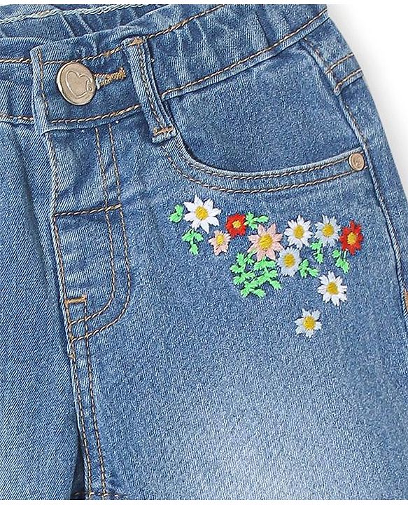 Babyhug  Full Length Denim Jeans with Floral Print - Blue