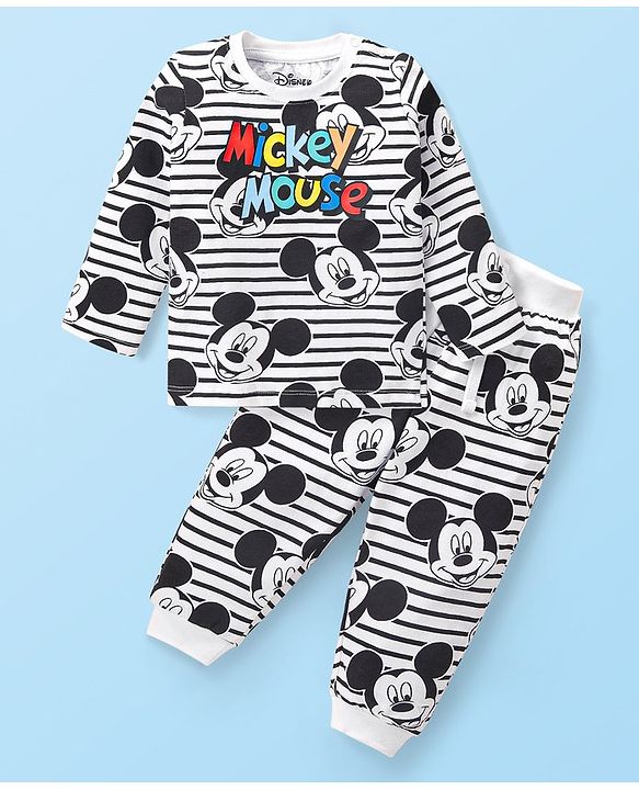 Babyhug Disney Cotton Knit Full Sleeves Night Suit with Mickey Mouse Graphics - White