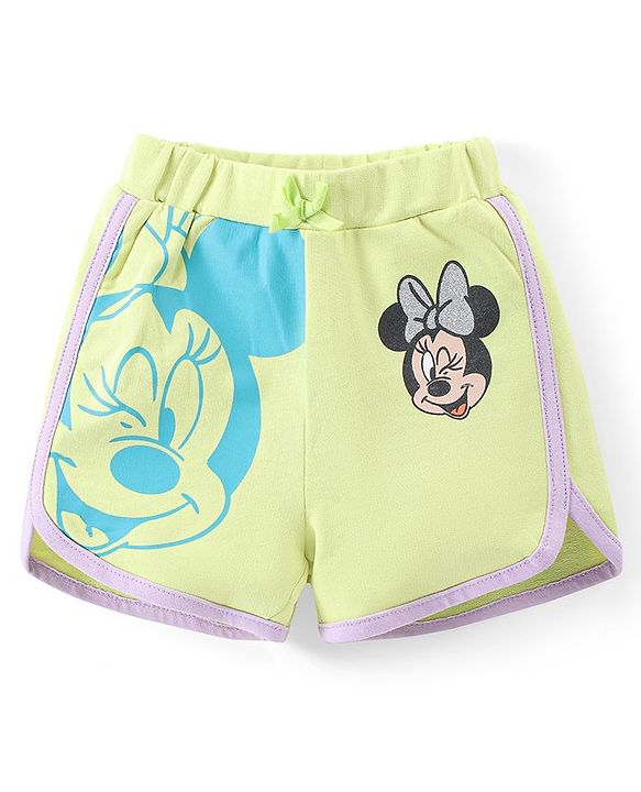 Babyhug Disney Cotton Knit Half Sleeves T-Shirt & Shorts Set with Front and Back Minnie Mouse Graphics - Purple & Green