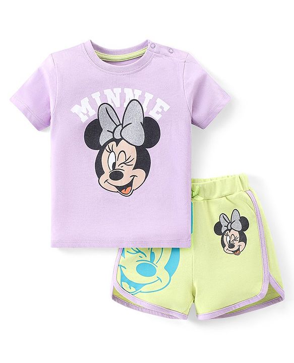 Babyhug Disney Cotton Knit Half Sleeves T-Shirt & Shorts Set with Front and Back Minnie Mouse Graphics - Purple & Green