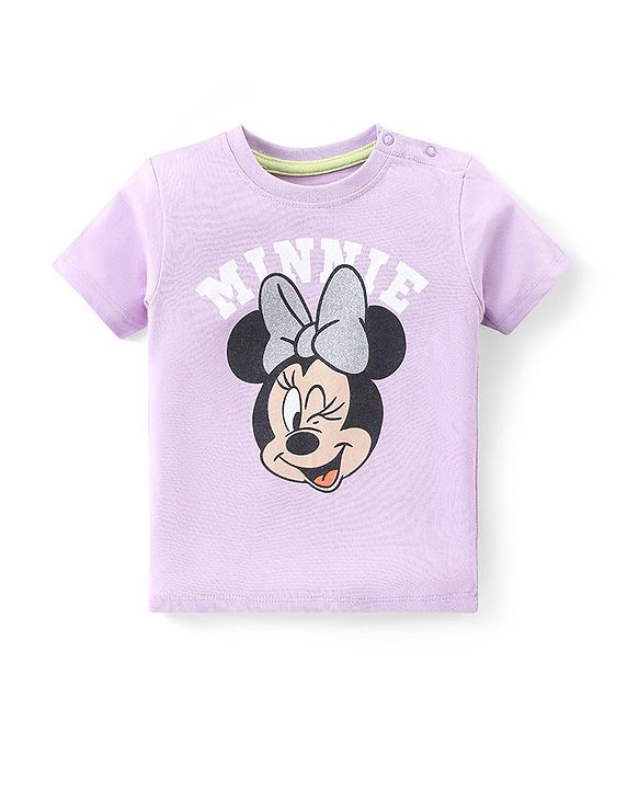 Babyhug Disney Cotton Knit Half Sleeves T-Shirt & Shorts Set with Front and Back Minnie Mouse Graphics - Purple & Green