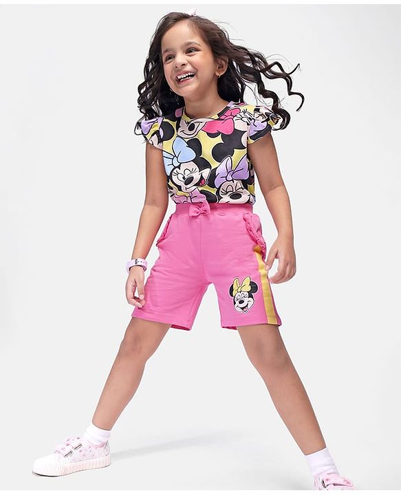 Babyhug Disney Cotton Knit Flutter Sleeves Top & Shorts Set With Minnie Mouse Graphics - Multicolor