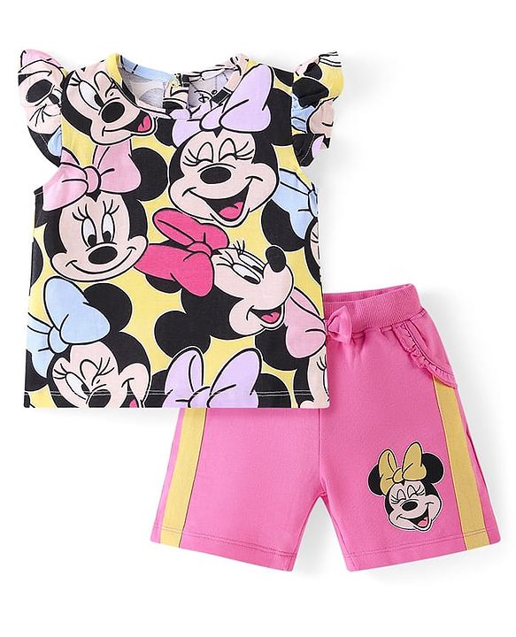 Babyhug Disney Cotton Knit Flutter Sleeves Top & Shorts Set With Minnie Mouse Graphics - Multicolor