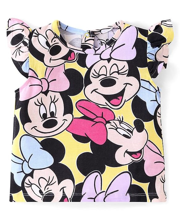 Babyhug Disney Cotton Knit Flutter Sleeves Top & Shorts Set With Minnie Mouse Graphics - Multicolor