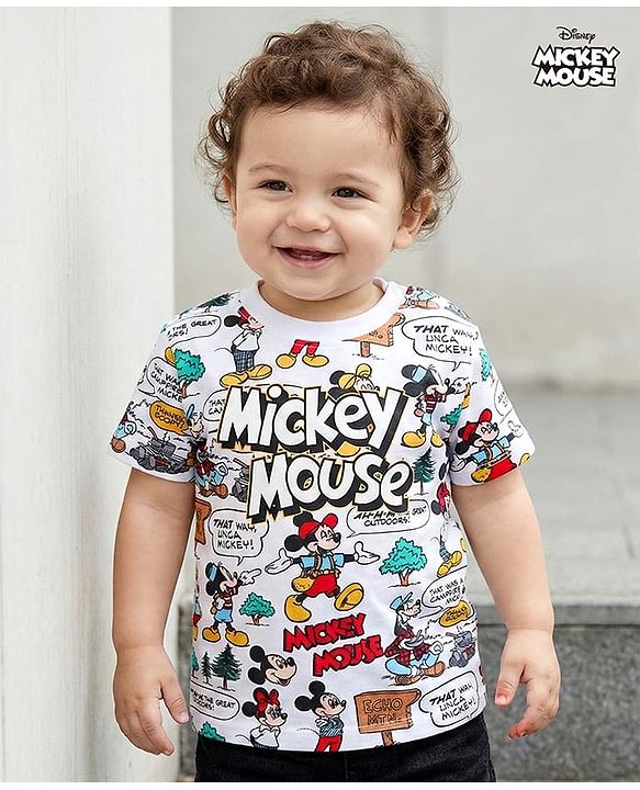 Babyhug Disney Cotton Knit Half Sleeves T-Shirt With Mickey Mouse Print - White