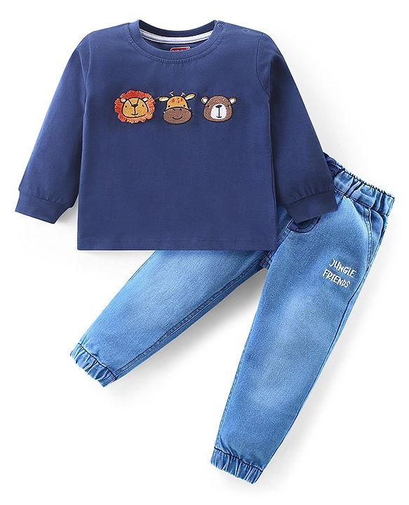 Babyhug Single Jersey Knit Full Sleeves T-Shirt & Denim Jeans Set With Animals Embroidery - Blue