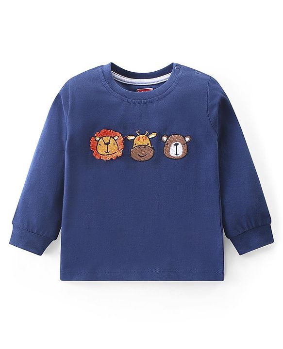 Babyhug Single Jersey Knit Full Sleeves T-Shirt & Denim Jeans Set With Animals Embroidery - Blue