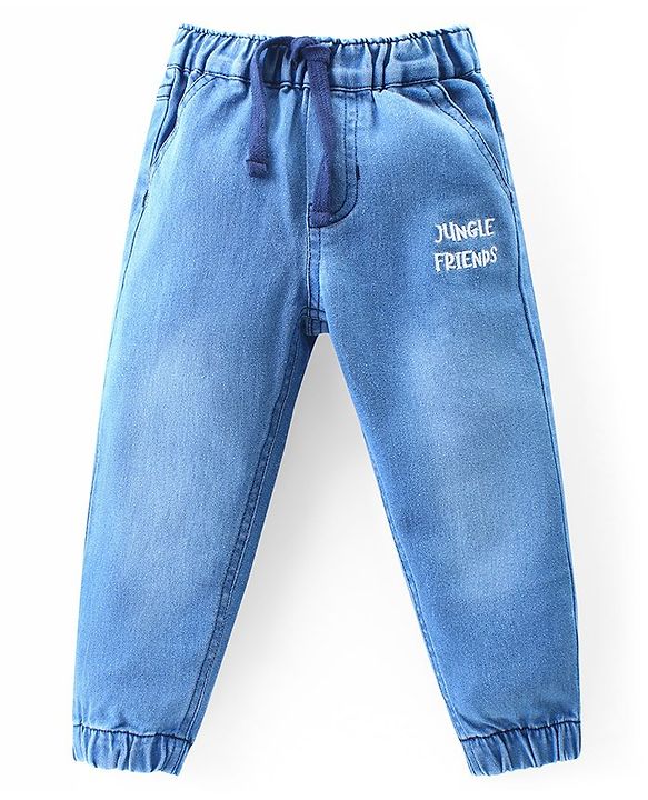 Babyhug Single Jersey Knit Full Sleeves T-Shirt & Denim Jeans Set With Animals Embroidery - Blue