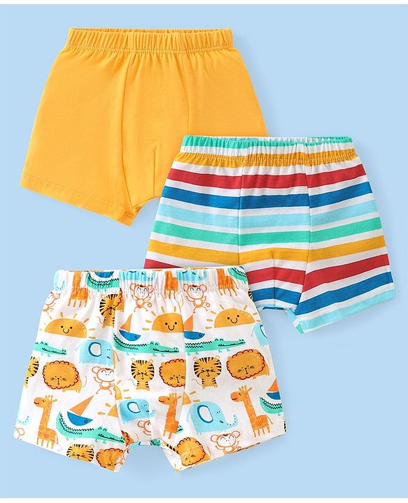 Babyhug 100% Cotton Above Knee Length Striped Trunks with Tiger Print Pack of 3 - Multicolour