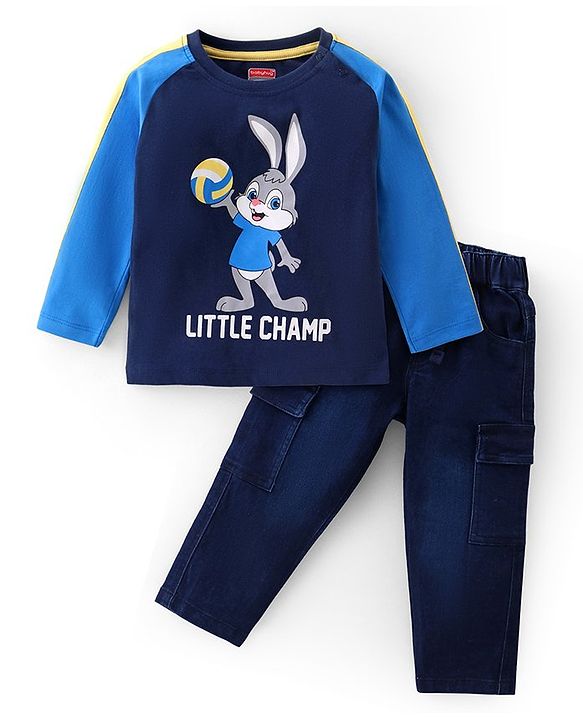 Babyhug Single Jersey Knit Raglan Sleeves T-Shirt & Denim Pants Set With Bunny Print - Blue