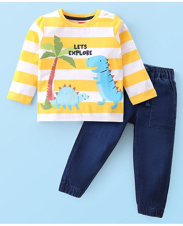 Babyhug Cotton Knit Full Sleeves Striped T-Shirt & Denim Jeans Set With Dino Print - Yellow & Blue