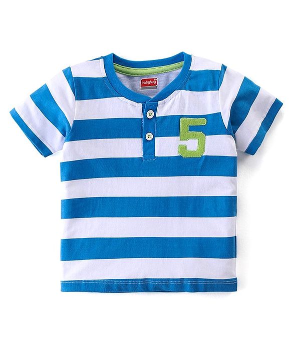 Babyhug Cotton Knit Half Sleeves Striped Henley T-Shirt & Woven Shorts Set - Blue & Beige