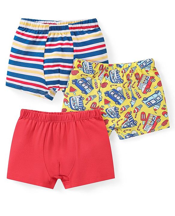 Babyhug 100% Cotton Above Knee Length Trunks Striped & Vehicle Print Pack of 3 - Multicolour