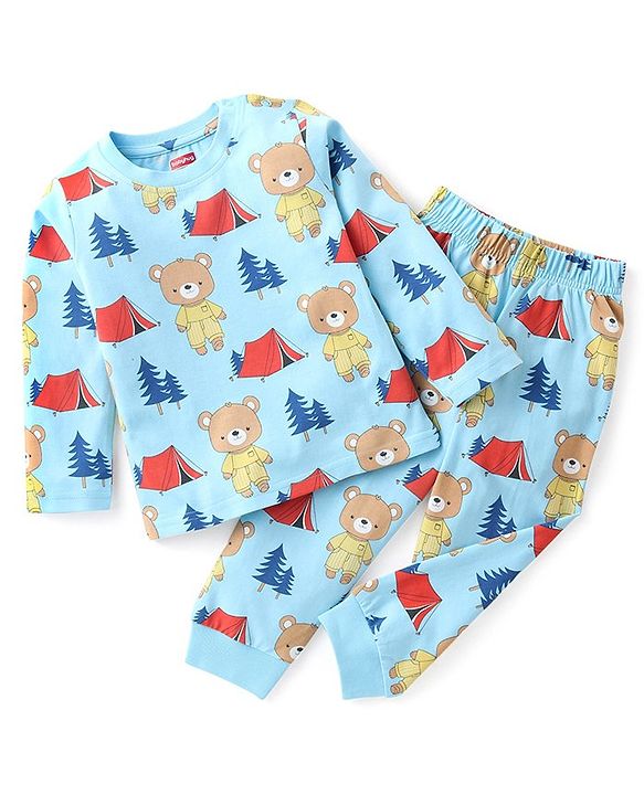 Babyhug Single Jersey Full Sleeve Night Suit Bear & Camping Print - Blue