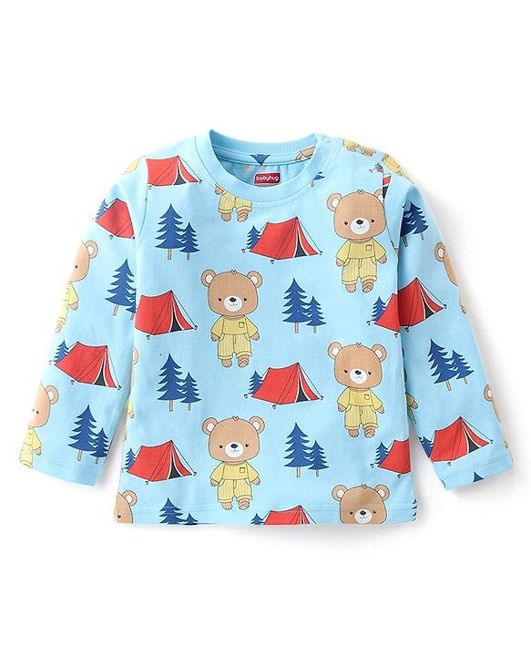 Babyhug Single Jersey Full Sleeve Night Suit Bear & Camping Print - Blue