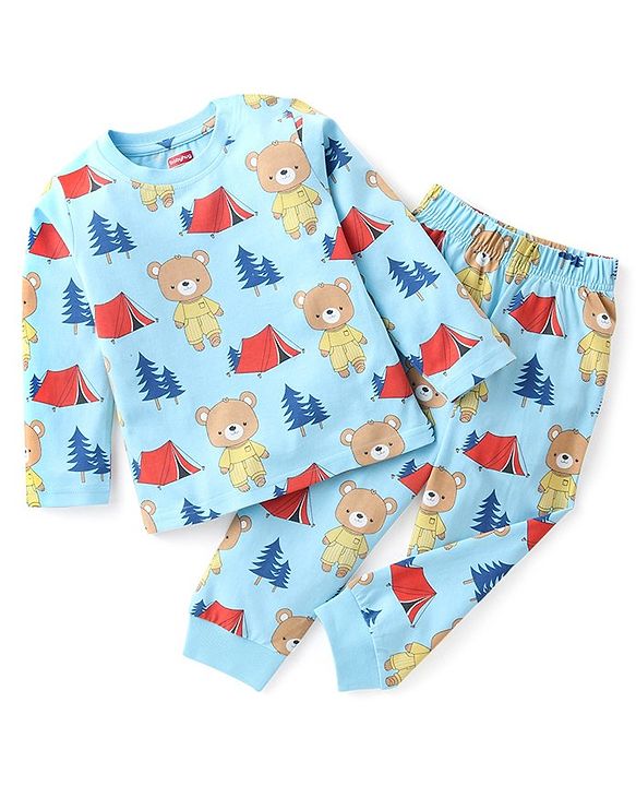 Babyhug Single Jersey Full Sleeve Night Suit Bear & Camping Print - Blue