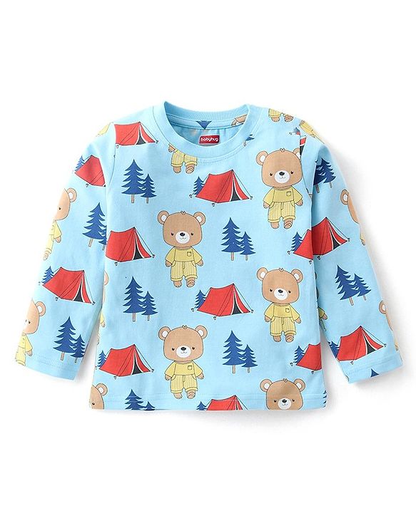 Babyhug Single Jersey Full Sleeve Night Suit Bear & Camping Print - Blue