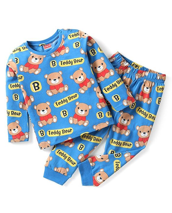 Babyhug Cotton Knit Full Sleeves Teddy Printed Night Suit - Blue