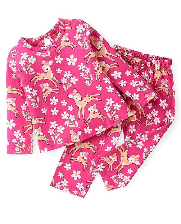 Babyhug Cotton Knit Full Sleeves Night Suit With Floral & Deer Print - Pink